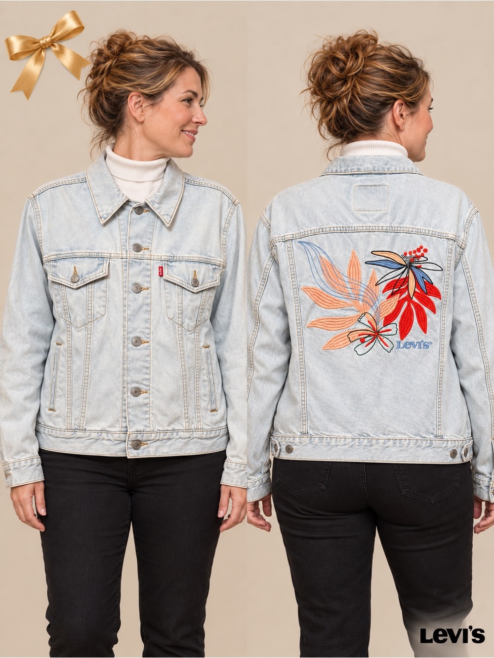 Levi’s Floral Embroidered Light Wash Denim Trucker Jacket XL